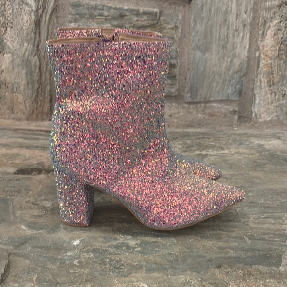 Pink and Silver Glitter Ankle Boots with Pointed Toe - Picture 2 of 3